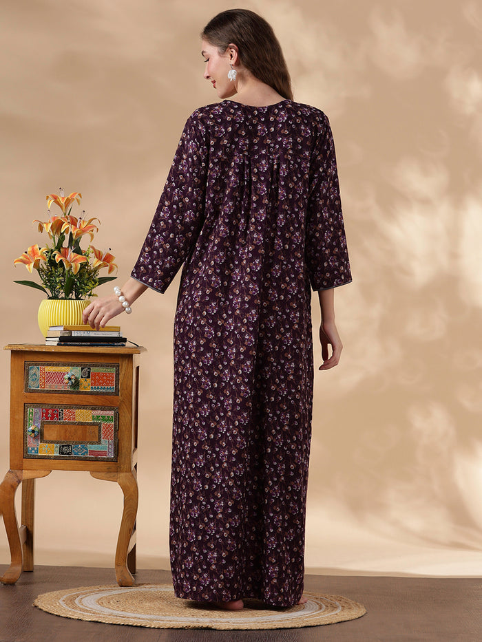 Alpine Floral Purple Embroidery Nighty For Women