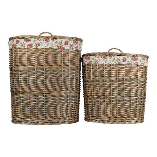 Antique Wash Garden Rose Cotton Lined Oval Willow Laundry Basket