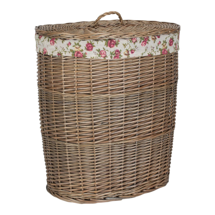 Antique Wash Garden Rose Cotton Lined Oval Willow Laundry Basket