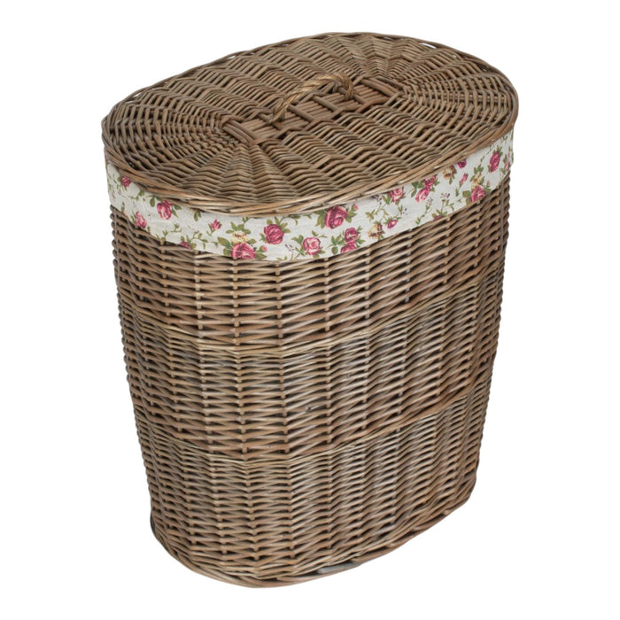 Antique Wash Garden Rose Cotton Lined Oval Willow Laundry Basket