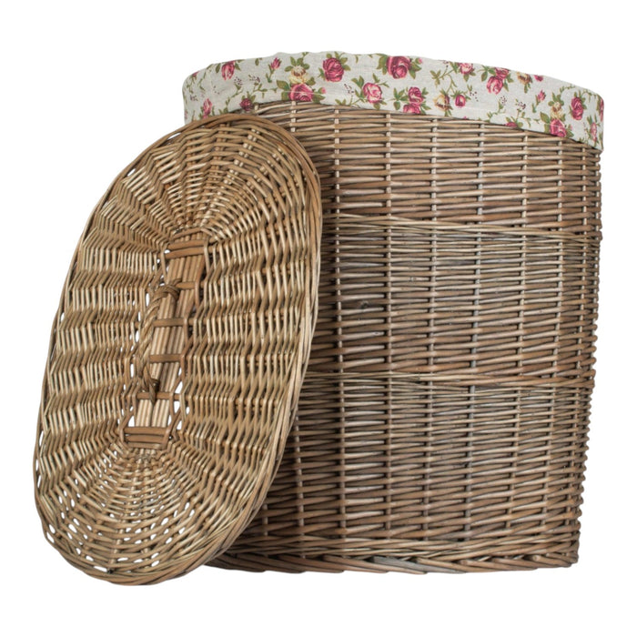 Antique Wash Garden Rose Cotton Lined Oval Willow Laundry Basket
