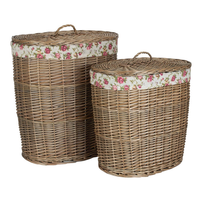 Antique Wash Garden Rose Cotton Lined Oval Willow Laundry Basket