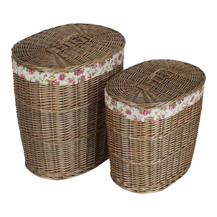 Antique Wash Garden Rose Cotton Lined Oval Willow Laundry Basket
