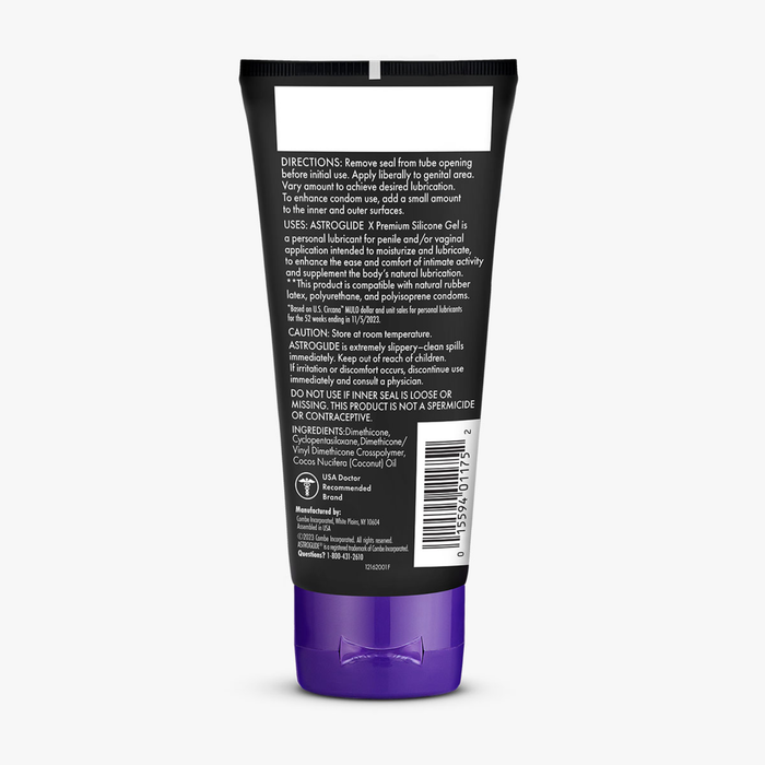 The back of the Astroglide X Premium Silicone Gel tube, listing directions, uses, caution, and ingredients.