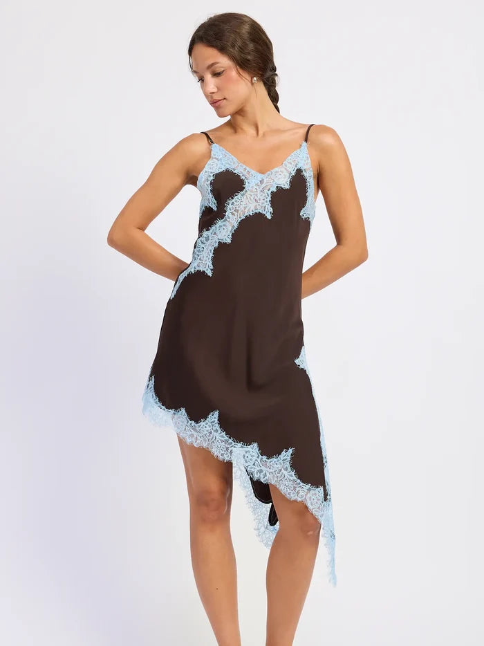 Asymmetrical Hem Satin Dress with Lace Contrast