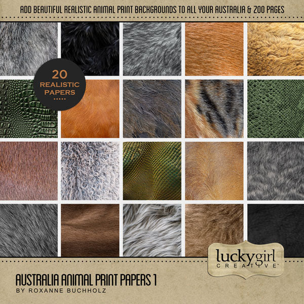 Highlight your vacation memories with these realistic digital art papers by Lucky Girl Creative featuring Australian animal patterns, fur, hides, scales, and hair. Great for holidays and travel to Australia and exploring native and indigenous flora and fauna! Animals represented include Bandicoot Marsupial, Cassowary Bird, Cow, Crocodile, Red Deer, Dingo Dog, Emu Bird, Kangaroo, Koala, Numbat, Platypus, Possum, Quokka, Reptile, Sheep, Snake, Sugar Glider, Tasmanian Devil, and Wallaby.