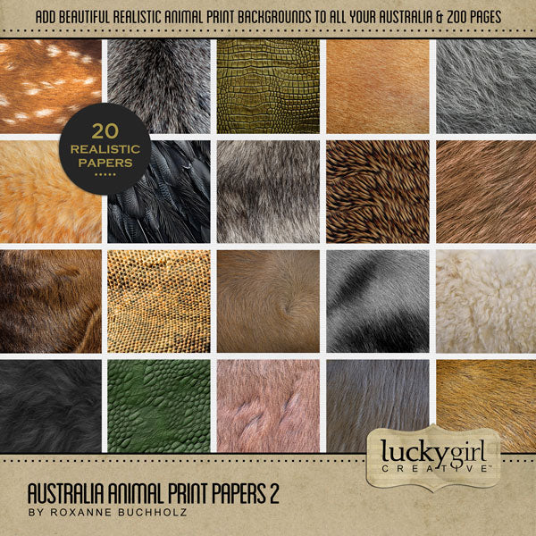 Highlight your vacation memories with these realistic digital art papers by Lucky Girl Creative featuring Australian animal patterns, fur, hides, scales, and hair. Great for holidays and travel to Australia and exploring native and indigenous flora and fauna! Animals represented include Bandicoot Marsupial, Bilby Rabbit, Crocodile, Fallow Deer, Echidna, Fox, Kangaroo, Magpie Bird, Numbat, Platypus, Quokka, Reptile, Seal, Sheep, Sugar Glider, Tasmanian Devil, Toad Frog, Wallaby, and Wombat.