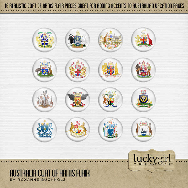 Highlight your vacation memories with these digital scrapbooking art Australian Coat of Arms pieces of flair. Great for holidays to Australia and New Zealand and celebrating your patriotism for your city, state, or territory! Coat of Arms include Adelaide, Australia, Australian Capital Territory, Brisbane, Darwin, Hobart, Melbourne, New South Wales, Northern Territory, Perth, Queensland, South Australia, Sydney, Tasmania, Victoria, and Western Australia.