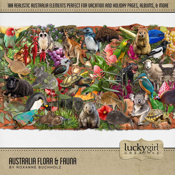 Highlight your vacation memories with these realistic digital scrapbooking art embellishments. Great for holidays to Australia and New Zealand and exploring indigenous life as well as the native flowers and plants of Australia! Can be used for tropical pages, too! Embellishments include animal, bird, Black Kite, Emu, Guineafowl, King Fisher, parrot, Kiwi bird, Kookaburra, Magpie, penguin, crab, crocodile, echidna, kangaroo, and koala.