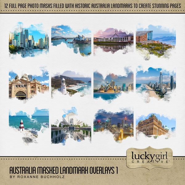 Highlight your vacation memories with these beautiful, digital landmark masked photo overlays by Lucky Girl Creative. Great for digital scrapbooking holidays and travel to Australia and exploring historic native and indigenous life! With transparent edges, these masked photographs blend seamlessly into any background paper and make the perfect backdrop for all travel, vacation, and holiday pages.