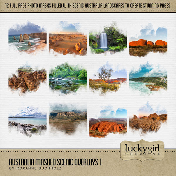Highlight your vacation memories with these beautiful, digital scenic masked photo overlays by Lucky Girl Creative. Great for digital scrapbooking holidays and travel to Australia and exploring historic native and indigenous life! With transparent edges, these masked photographs blend seamlessly into any background paper and make the perfect backdrop for all travel, vacation, and holiday pages.