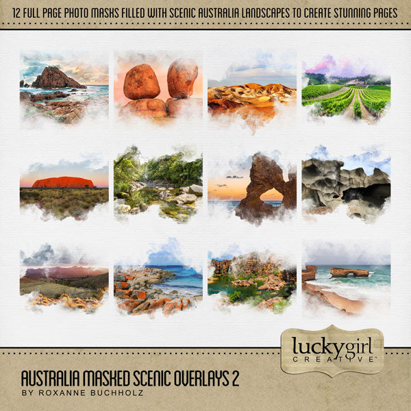 Highlight your vacation memories with these beautiful, digital scenic masked photo overlays by Lucky Girl Creative. Great for digital scrapbooking holidays and travel to Australia and exploring historic native and indigenous life! With transparent edges, these masked photographs blend seamlessly into any background paper and make the perfect backdrop for all travel, vacation, and holiday pages.