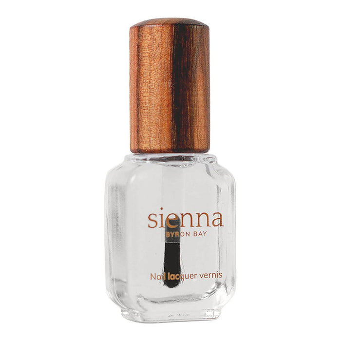 Front of Sienna Base Coat bottle of clear nail polish. Wooden lid and glass bottle.