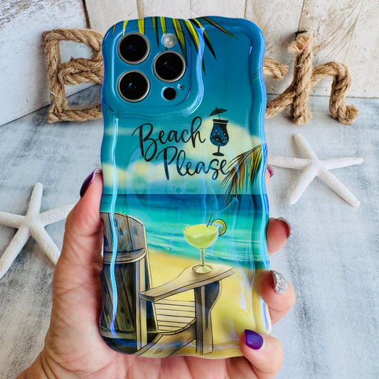 Phone case with beach-themed design on a textured surface with rope and starfish.