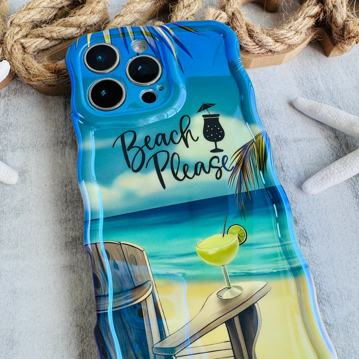 Phone case with beach-themed design on a textured surface with rope and starfish.
