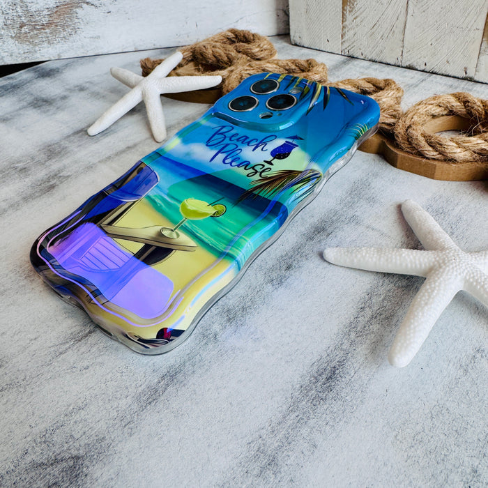 Phone case with beach-themed design on a textured surface with rope and starfish.