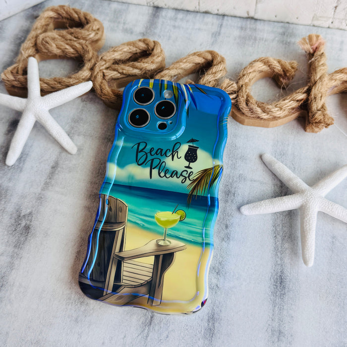Phone case with beach-themed design on a textured surface with rope and starfish.