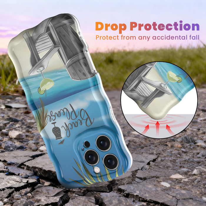 Phone case with beach-themed design on a textured surface with rope and starfish.