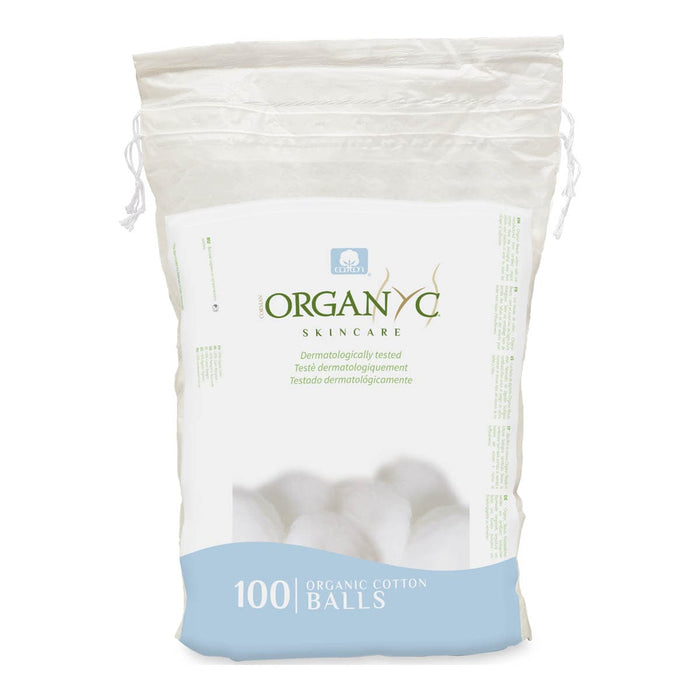 Bag of Organyc skincare organic cotton balls on a white background.