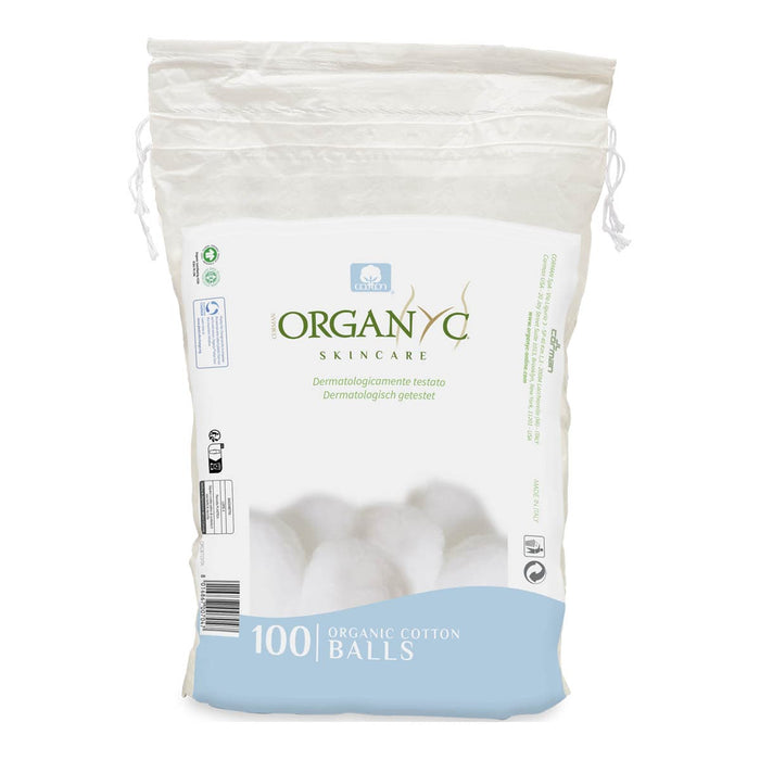Back of bag of Organyc organic cotton balls on a white background.