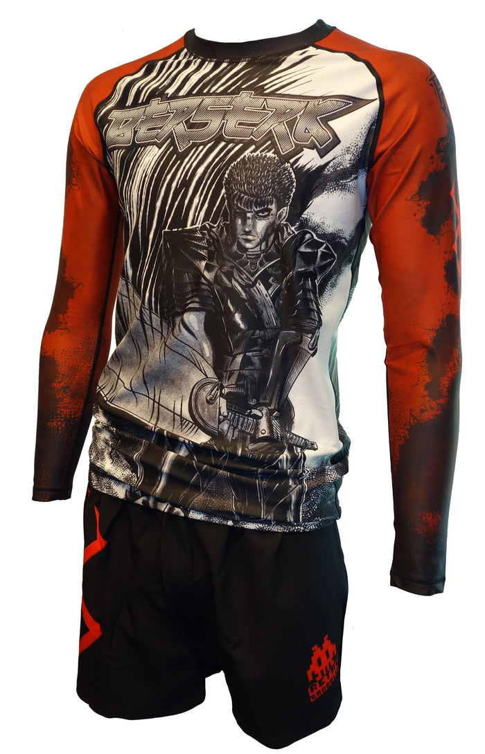 The Retro Grappler Berserk Manga Long Sleeve Rashguard features bold black, white, and red manga-style artwork of a sword-wielding warrior with Berserk across the chest—a must-have for any fan.