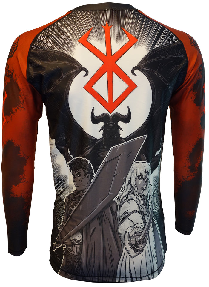 The Retro Grappler Berserk Manga Long Sleeve Rashguard showcases two sword-wielding characters facing a winged demon, with a bold red symbol above and dark red sleeves featuring striking Berserk fan art.