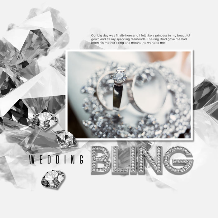 Sparkle and shine with timeless diamond digital art alphabet letters, numbers, and punctuation by Lucky Girl Creative great for adding bling to scrapbooking titles on pages and in scrapbook albums. Great for marriage proposals, wedding, anniversary, and birthday, too! The Bling Diamond Alpha Set consists of a full set of digital art uppercase letters A-Z, numbers 0-9, and some punctuation marks. This alpha set is available as individual embellishments only.