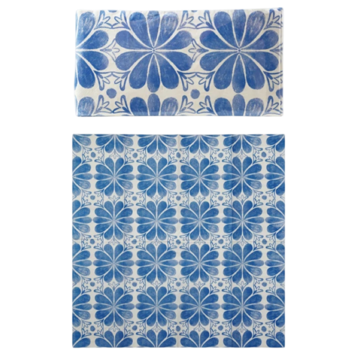 Blue floral patterned fabric on a white background