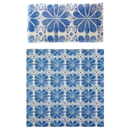 Blue floral patterned fabric on a white background