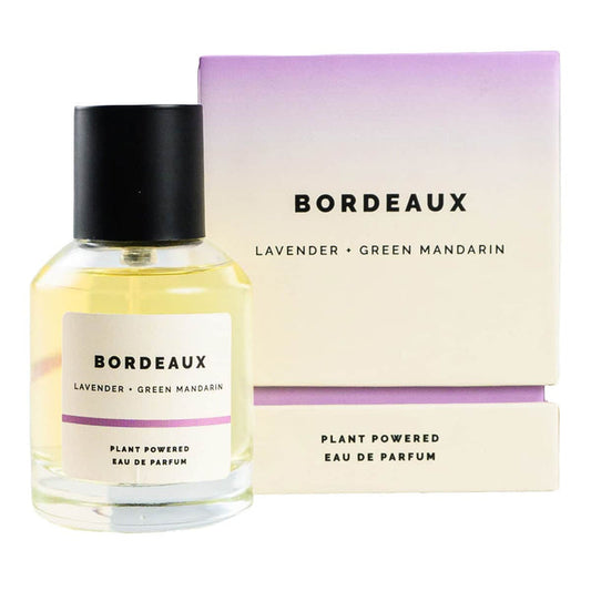 ECO. Modern Essentials Bordeaux plant-powered eau de parfum 50ml bottle & packaging on a white background.