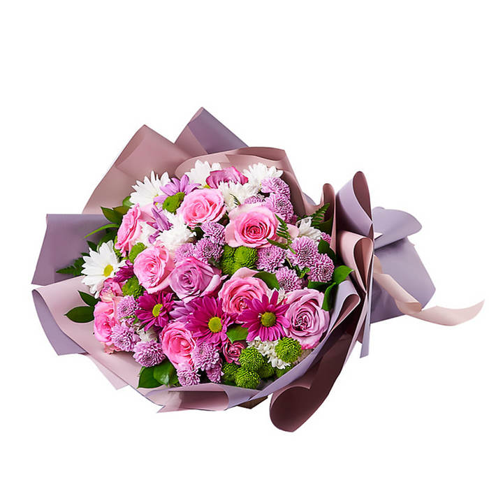 Bouquet of Pink Roses and Purple Daisies with Designer Ribbon – the bouquet