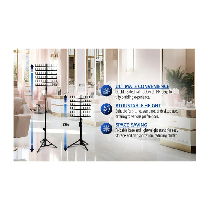 LAFLARE braid rack adjustable tripod double sided hair rack with 144 pegs and adjustable height