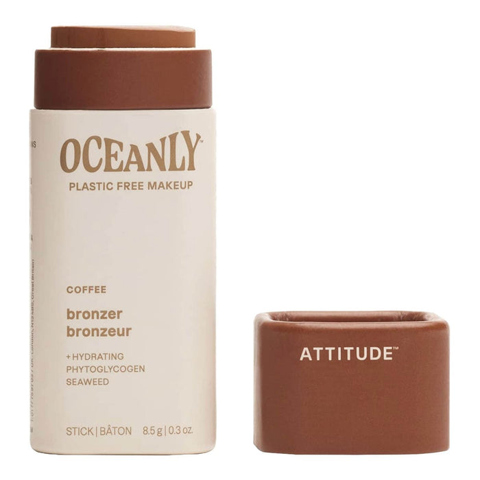 8.5g stick of Oceanly coffee bronzer in cardboard packaging on a white background with the cap off.