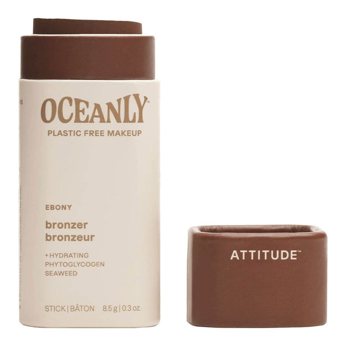 8.5g stick of Oceanly ebony bronzer in cardboard packaging on a white background with the cap off.
