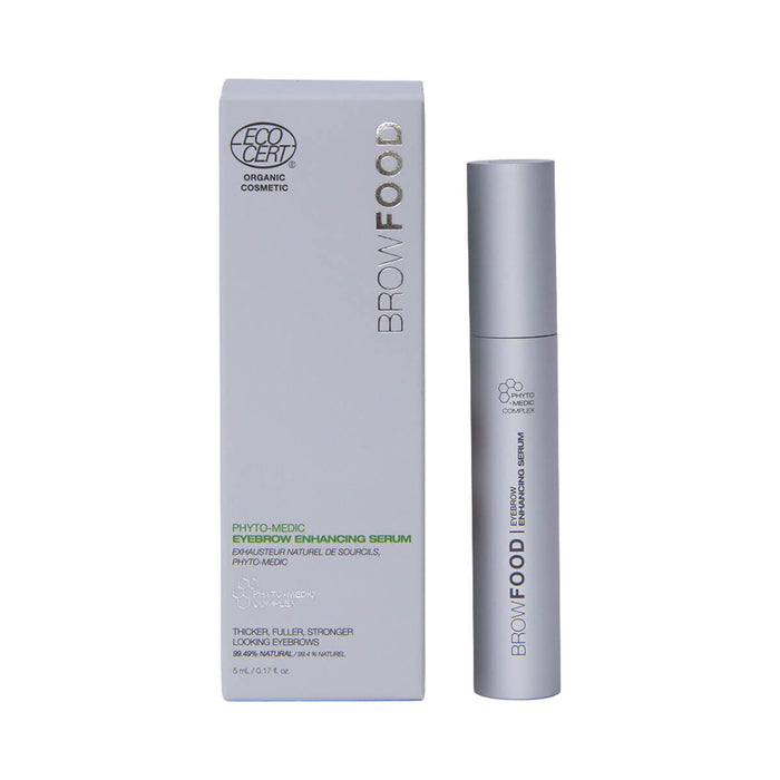 5ml box and tube of BROWFOOD Phyto-Medic Eyebrow Enhancing Serum, clinically proven to promote thicker, fuller, stronger looking brows.