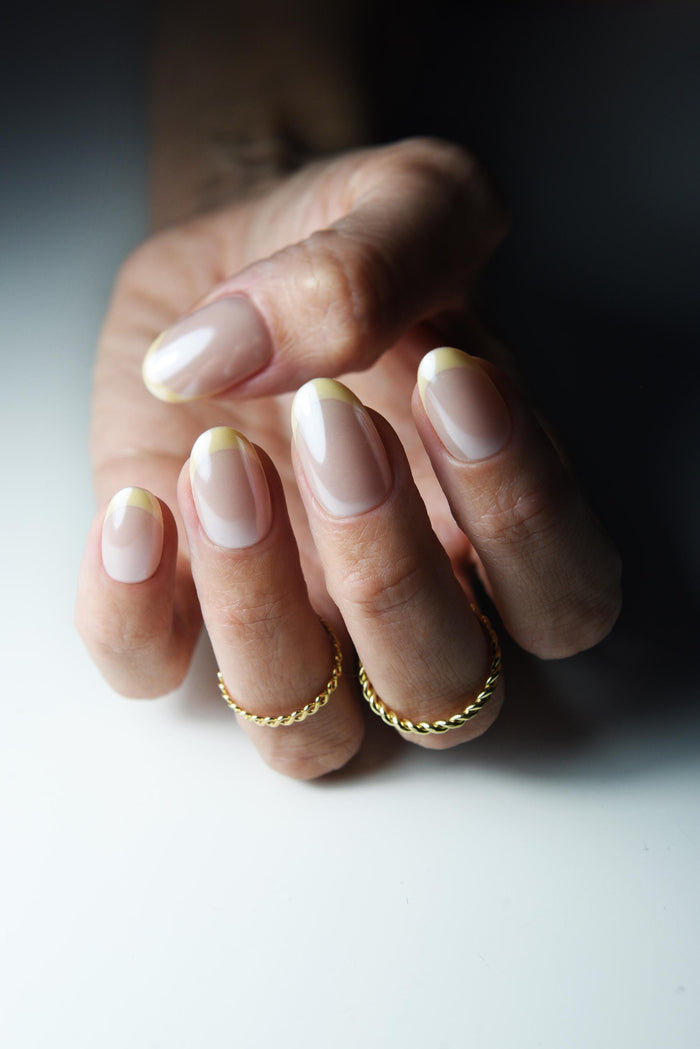 Butter Yellow French Tip Press-On Nails – Almond Shape Glazed Nude Nails – Pearl Chrome Finish – Spring Reusable Nail Set – Luxury Handmade Reusable Press On Nails