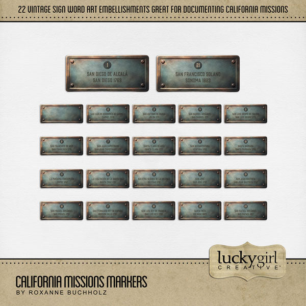 Explore the 21 California Missions along the Historic Mission Trail that roughly follows the El Camino Real (The Royal Road) named in honor of the Spanish monarchy which financed the expeditions into California in the quest for empire. The digital art markers and plaques by Lucky Girl Creative follow the date, location, and number order of when the missions were established.