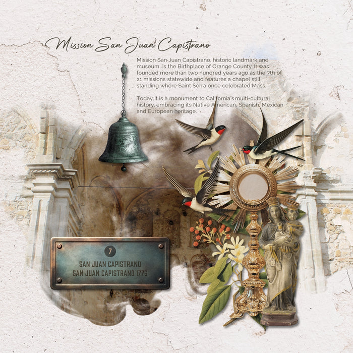 Explore the 21 California Missions along the Historic Mission Trail that roughly follows the El Camino Real (The Royal Road) named in honor of the Spanish monarchy which financed the expeditions into California in the quest for empire. The digital art background papers by Lucky Girl Creative showcase the stone, rock, plaster, and brick walls of the missions. Largely reconstructed after the ravages of time, weather, earthquakes and neglect, most of the missions still operate as active Catholic parishes.