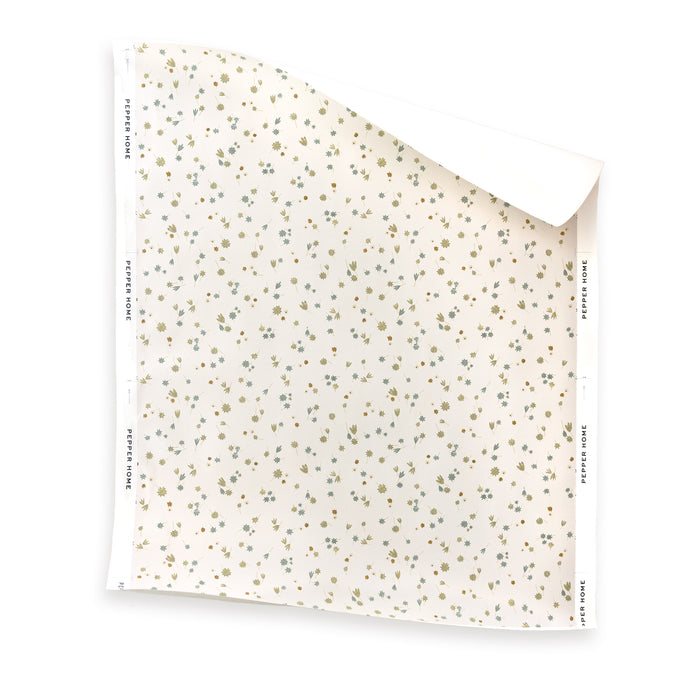 Campbell Chamomile cream floral wallpaper sample with green and gold blooms, made to order in the USA with short lead times