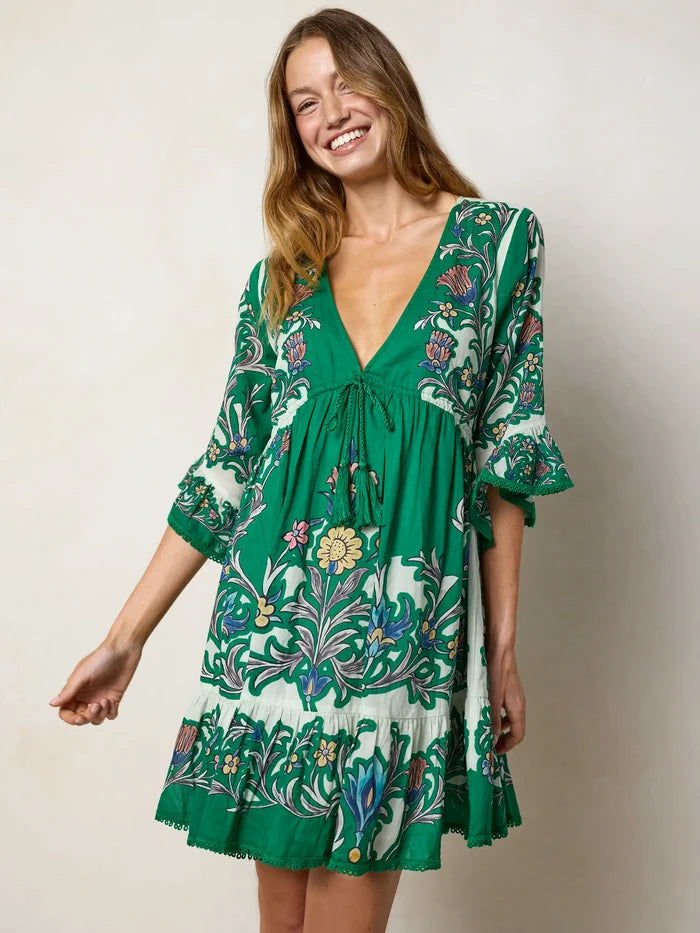 Capri Cotton Mini Dress - Kelly Green Floral-view 1