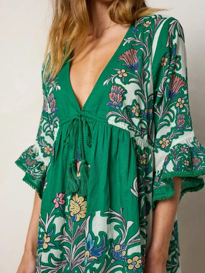 Capri Cotton Mini Dress - Kelly Green Floral-view 2