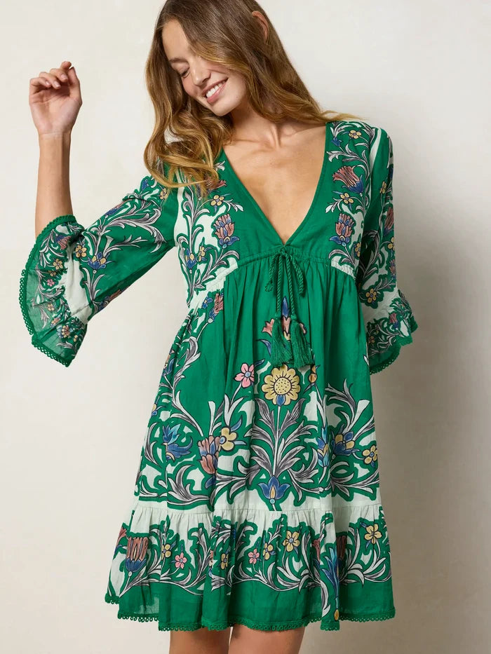Capri Cotton Mini Dress - Kelly Green Floral-view 3