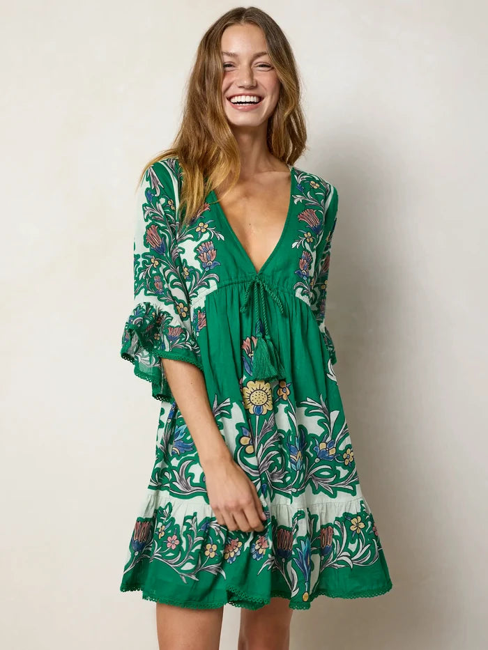 Capri Cotton Mini Dress - Kelly Green Floral-view 5
