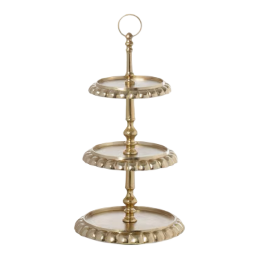 Three-tiered decorative stand with gold and glass finish on a white background
