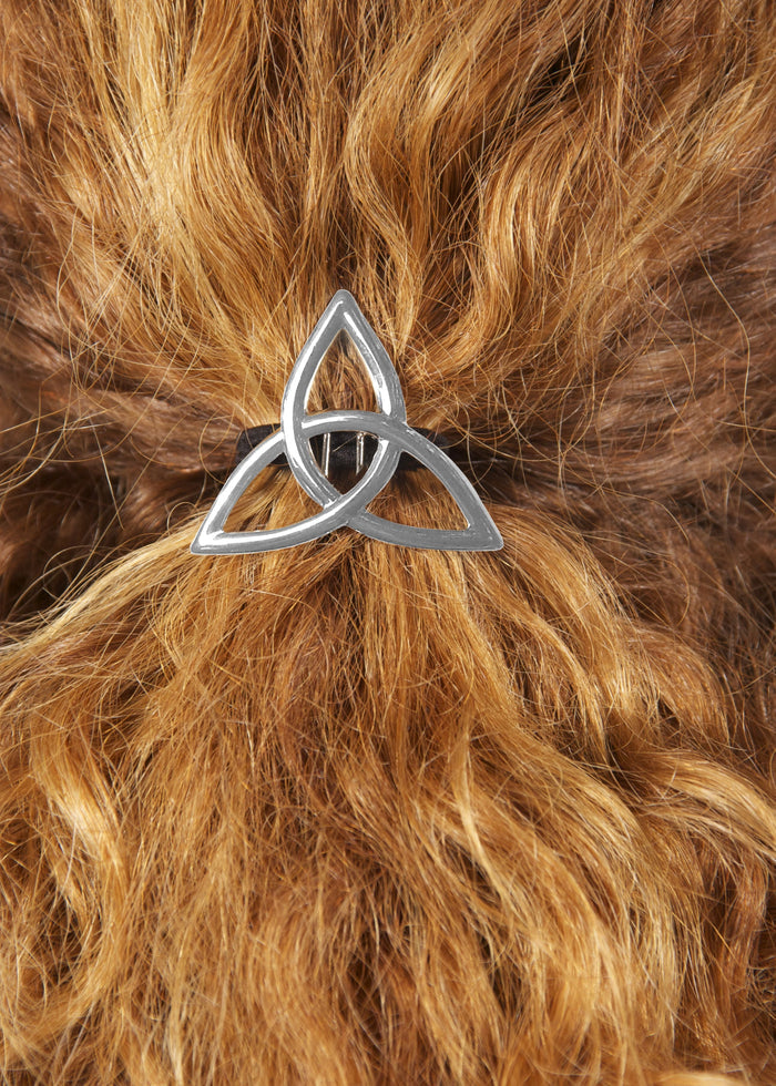 Model wearing Celtic Eternity Knot Hair Hook - Silver Ponytail Holder for Women