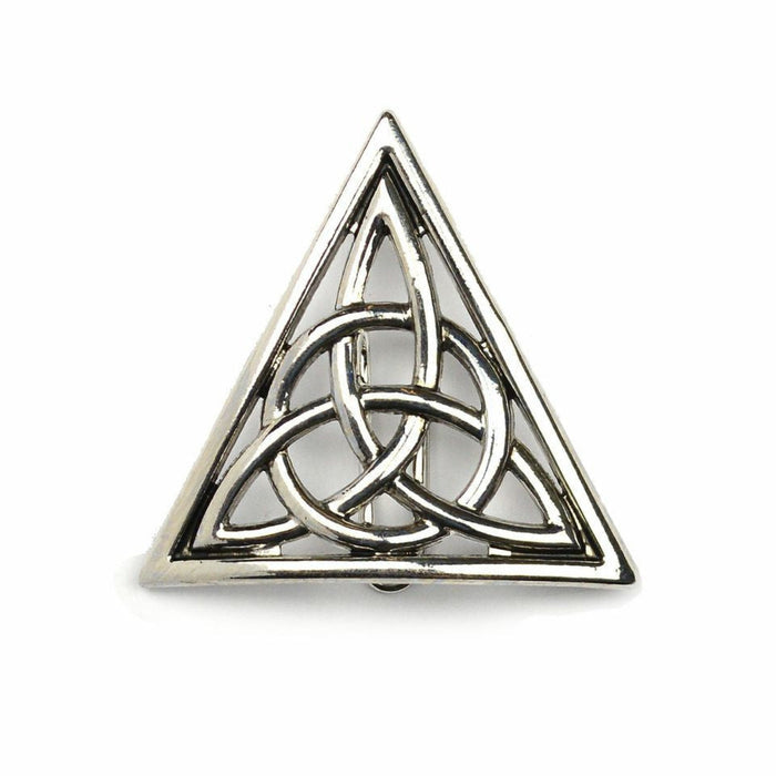 Silver Celtic triangle hair hook ponytail holder with trinity knot design, front view