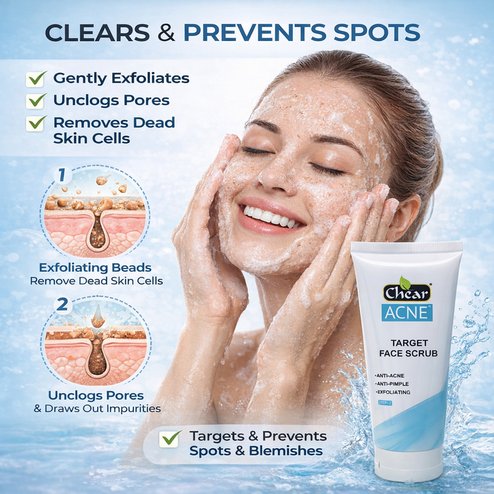 Chear Acne Face Scrub 100ml | Salicylic Acid Exfoliating Face Wash | Clears Spots, Blackheads & Oily Skin | Niacinamide, Aloe Vera & Vitamin E