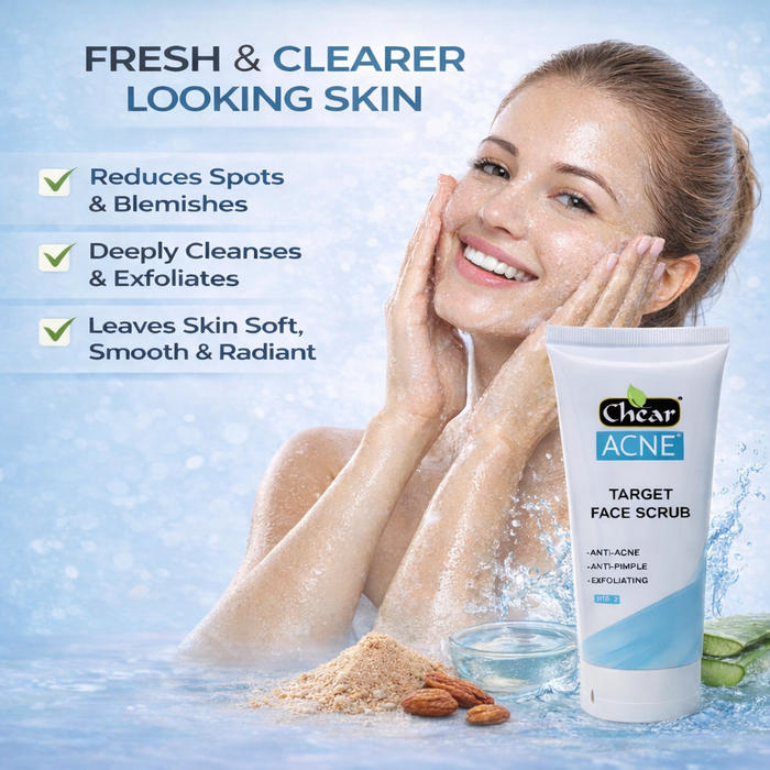 Chear Acne Face Scrub 100ml | Salicylic Acid Exfoliating Face Wash | Clears Spots, Blackheads & Oily Skin | Niacinamide, Aloe Vera & Vitamin E