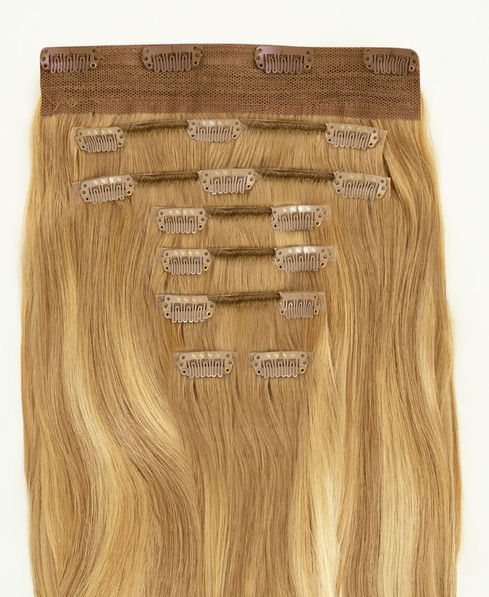 clip-in hair extensions blonde balayage.