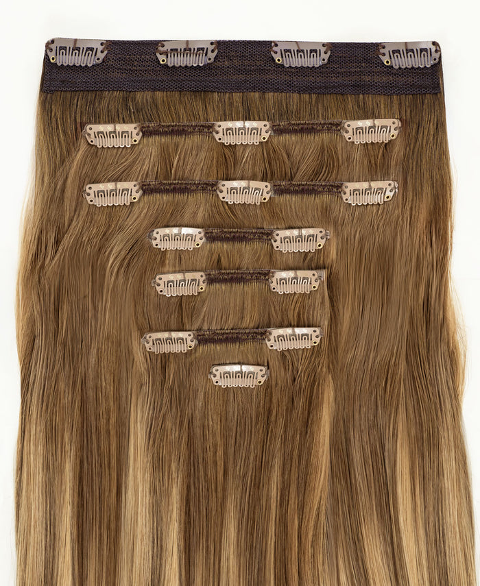 clip-in hair extensions caramel balayage.
